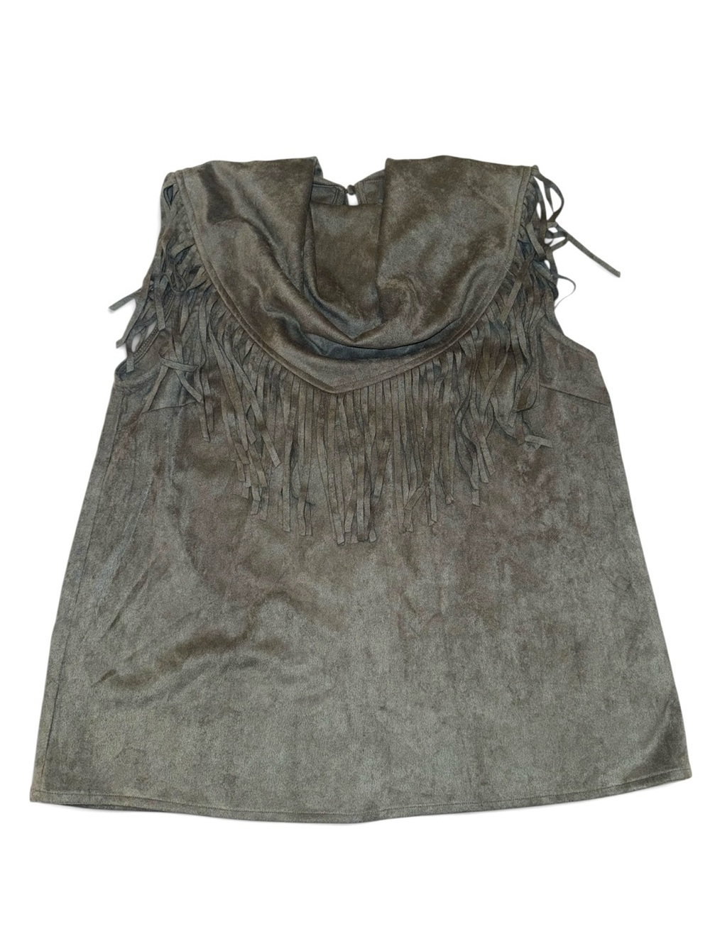 TCEC Olive Green Hooded Fringe Tunic Top Size S Boho Y2K Sleeveless